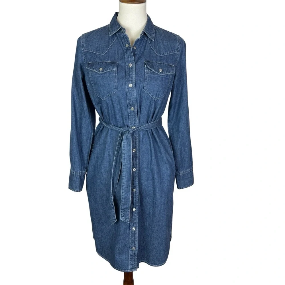 J.Crew Denim Shirt Dress Belted Western Snap Front Cotton Size 4 Style #M0535